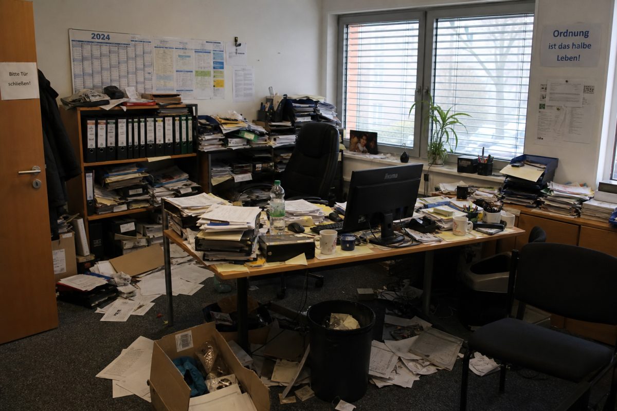 Verschmutztes Büro vor der Reinigung – unordentliche Schreibtische und Staub
