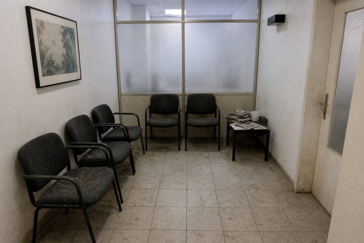 Arztpraxis-Wartezimmer vor der Reinigung – sichtbare Verschmutzungen und unhygienischer Eindruck