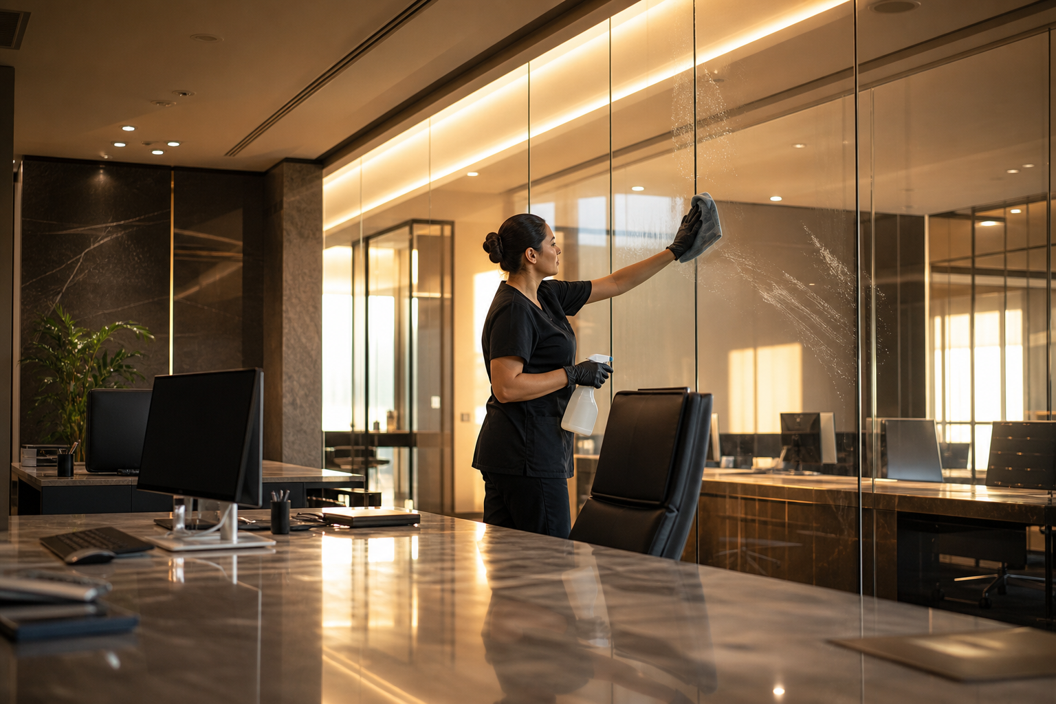 Büroreinigung – professionelle Reinigung in hochwertiger Arbeitsumgebung mit Glasflächen