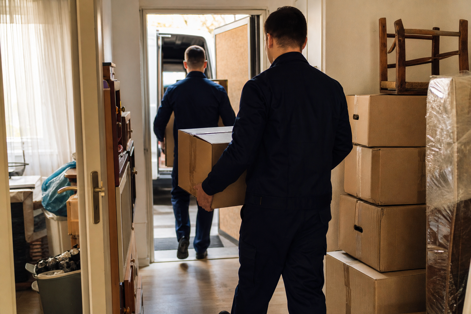 Entrümpelung – professionelles Team räumt Wohnung mit Kartons und Möbeln besenrein
