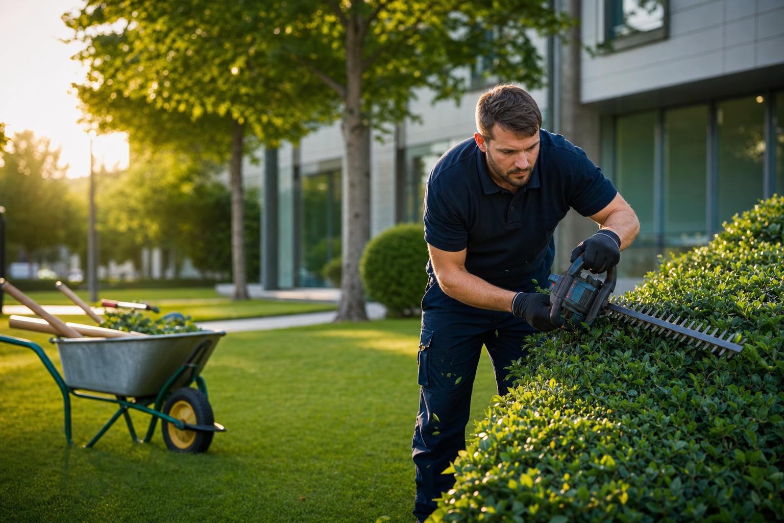 Einfache Gartenpflege – Heckenschnitt und Rasenpflege an moderner Außenanlage