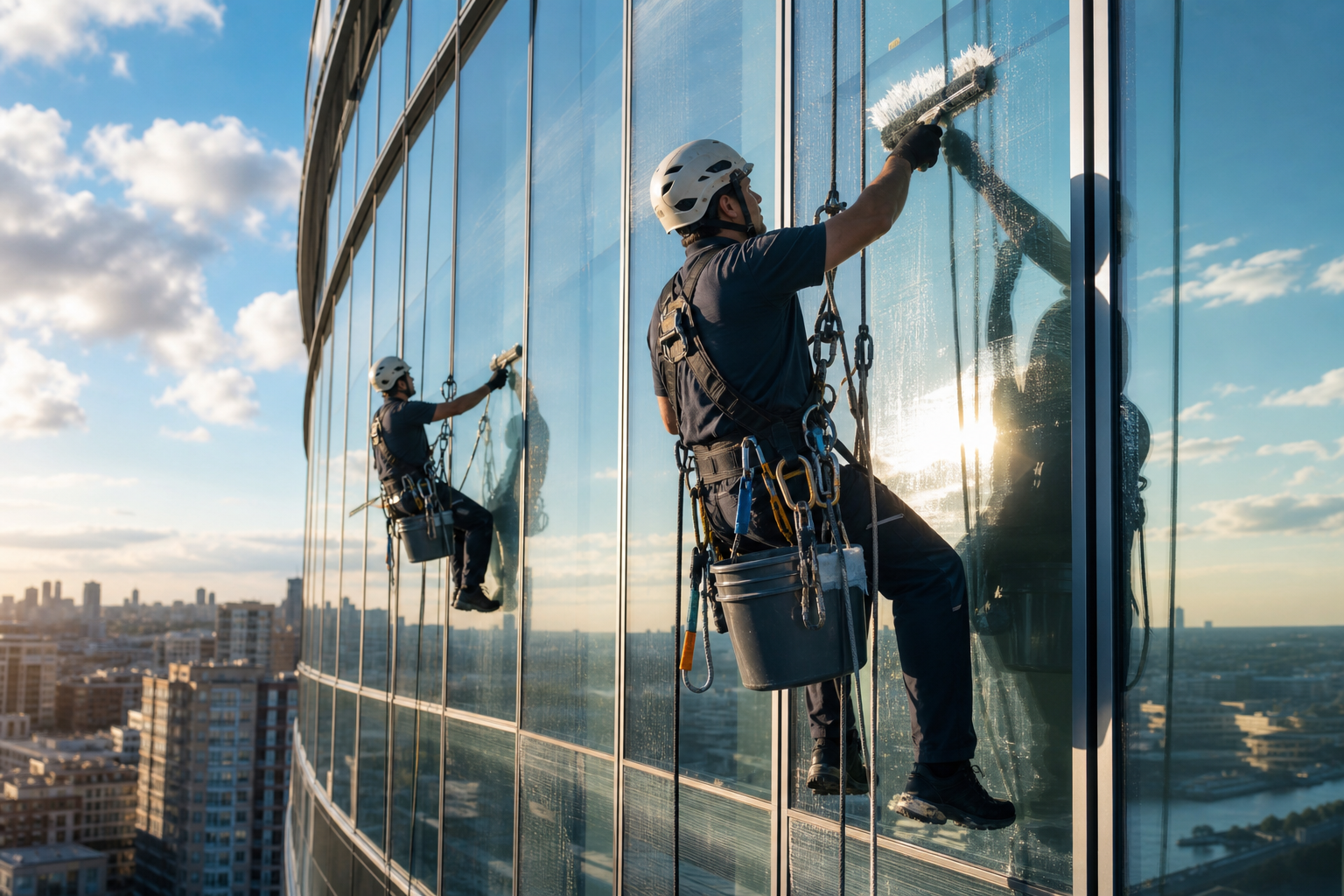 Glas- und Fensterreinigung an moderner Glasfassade mit Lichtreflexionen