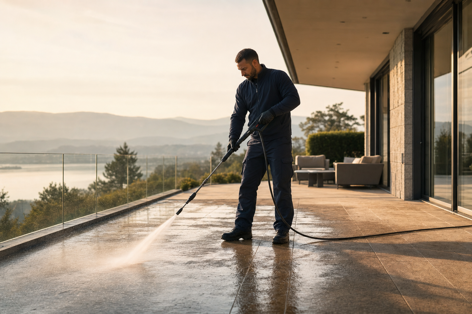 Terrassenreinigung – Hochdruckreinigung einer hochwertigen Steinterrasse