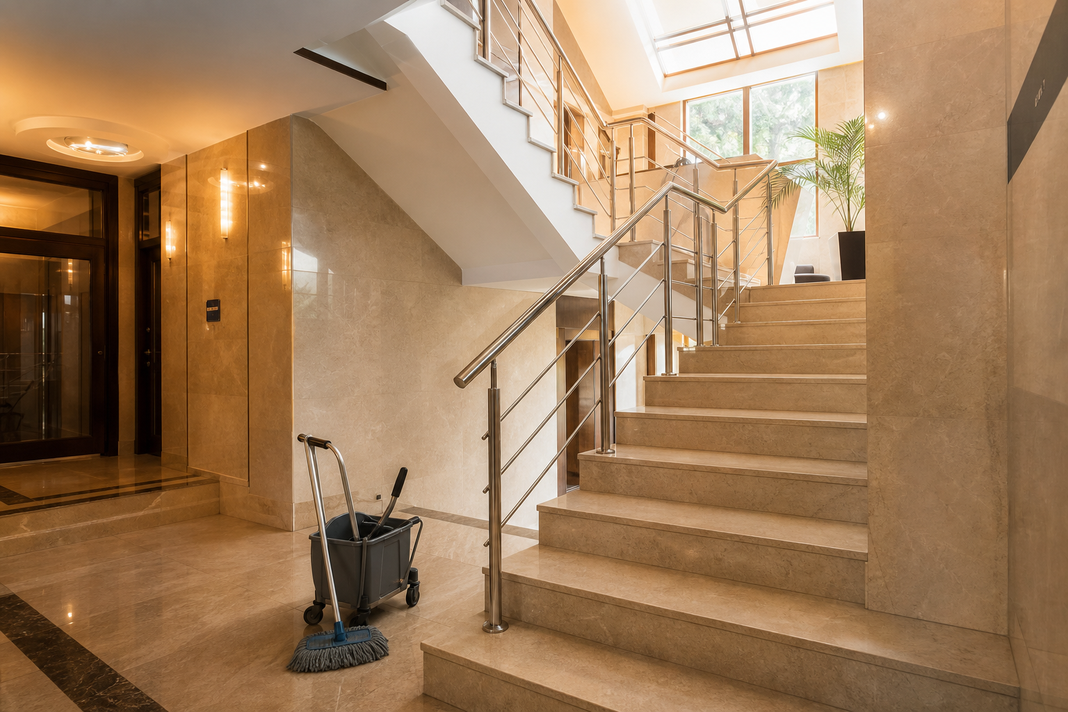 Treppenhausreinigung – luxuriöses Treppenhaus mit glänzenden Böden und Geländern