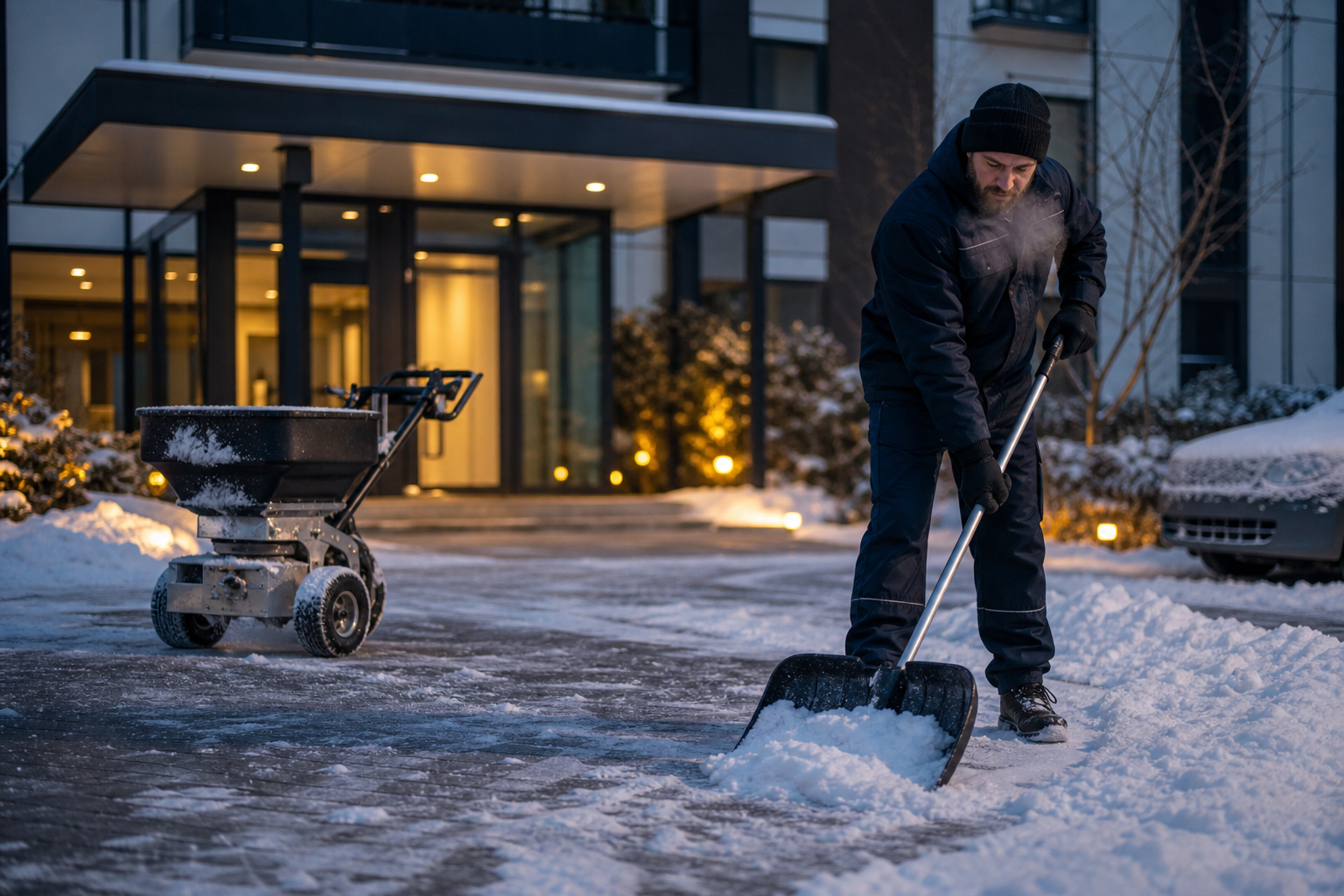 Winterdienst – Schnee räumen und Streudienst auf Gehwegen und Parkplätzen im Winter